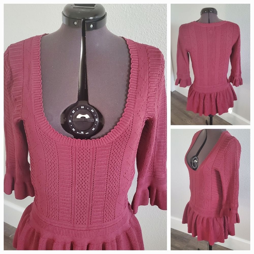 Torn by Ronny Kobo Women's Top Medium Purple Knit Sweater Stretch Flounce Shirt